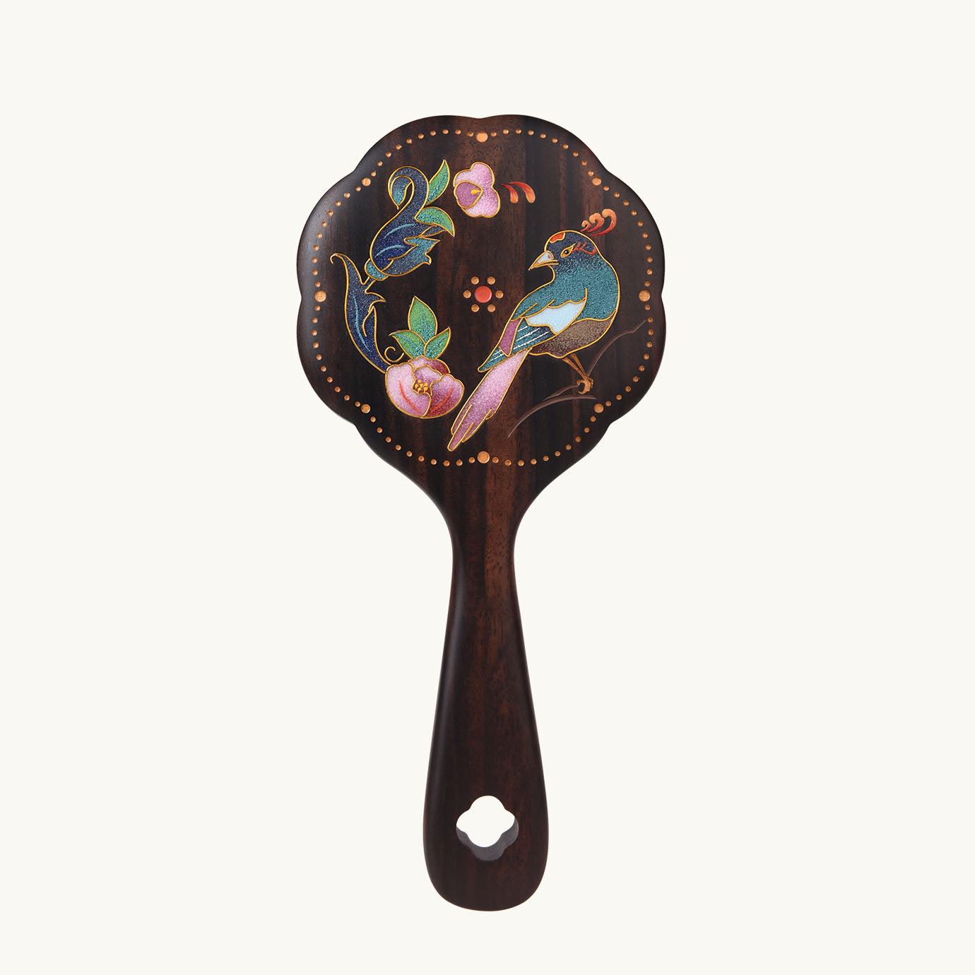 Espejo de mano de madera con esmalte cloisonné: flores y pájaros.
